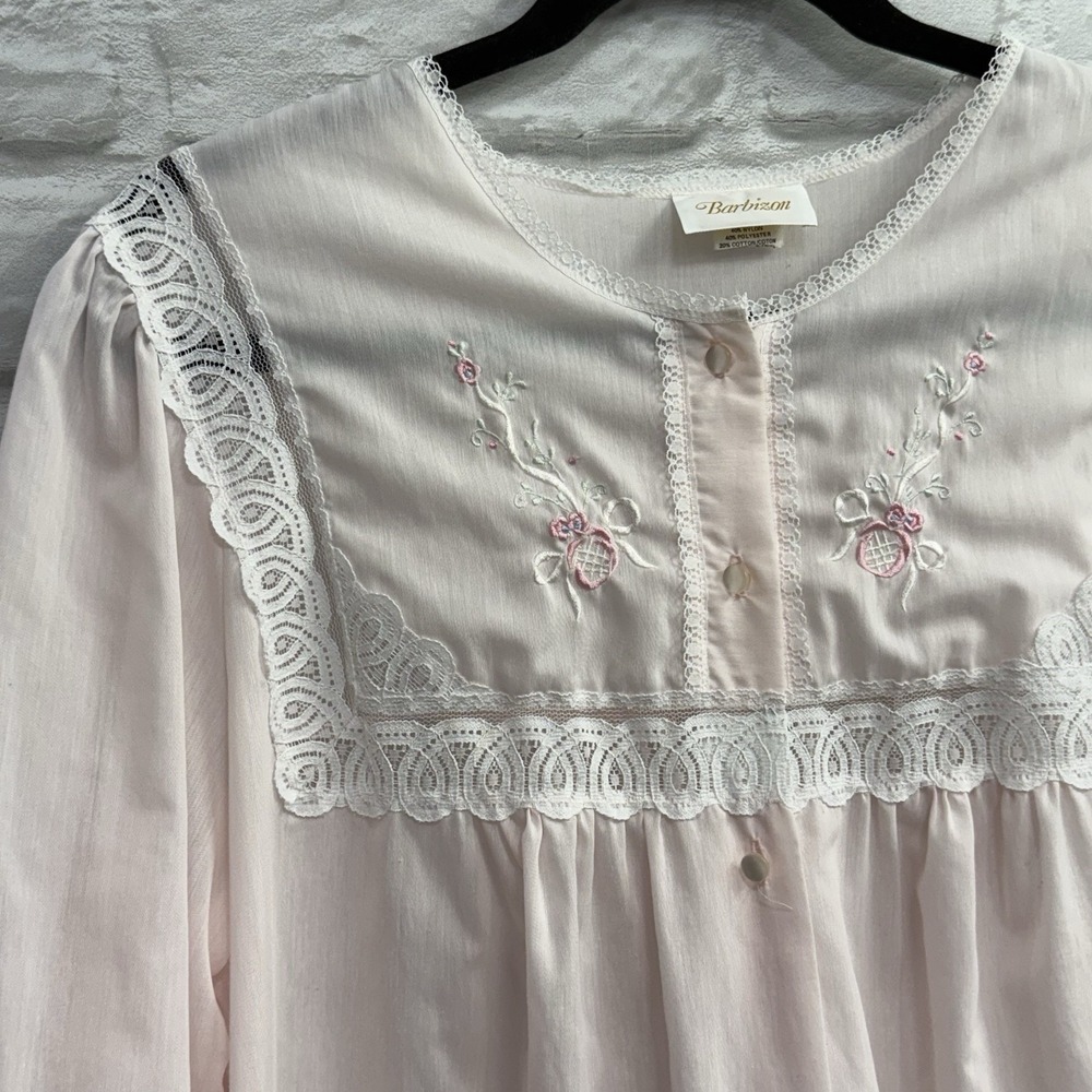 Vtg Barbizon Pink Lace Embroidered Long Sleeve Night Gown Babydoll‎ Sheer Sz M/L - Picture 11 of 16